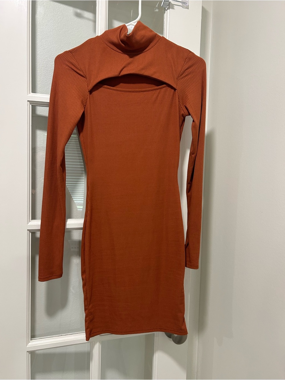 Pink Lily XS Women's Rust Long-Sleeve Cutout Ribbed Dress